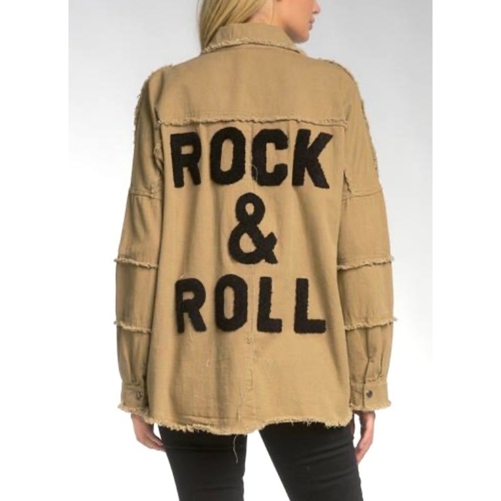 Elan Rock & Roll Graphic Distressed Shacket‎ Khaki Tan Fringed Jacket Womens M